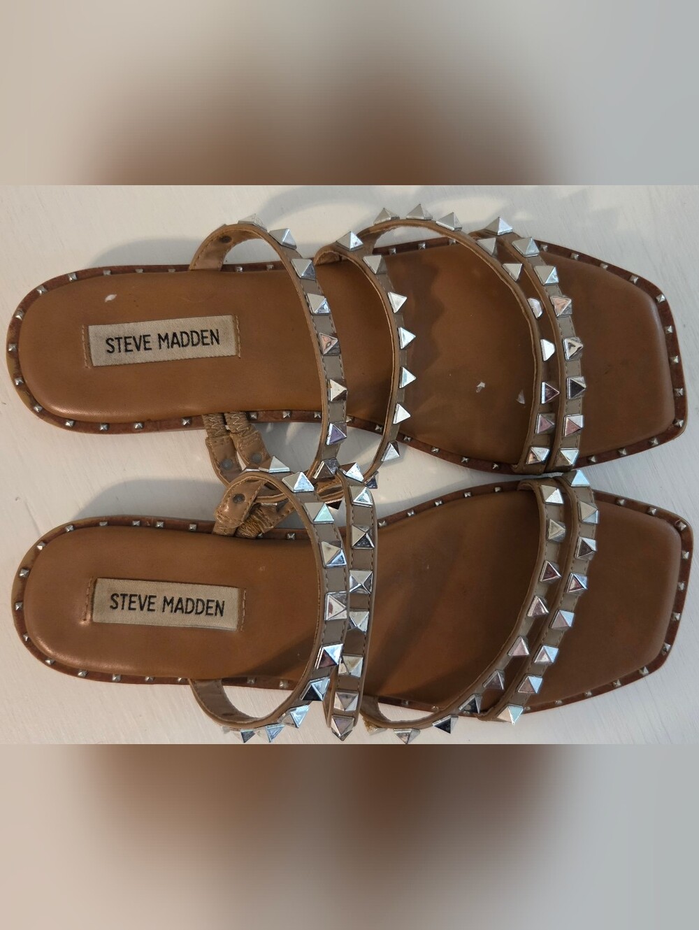 Steve Madden Tan Pyramid-Stud Flat Gladiator Sandals